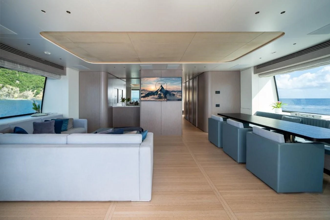 a large living room with a large open floor plan aboard SEAESTA Yacht for Sale