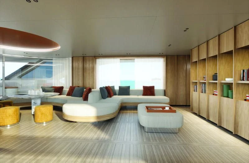 a living room with a large window aboard SEAESTA Yacht for Sale