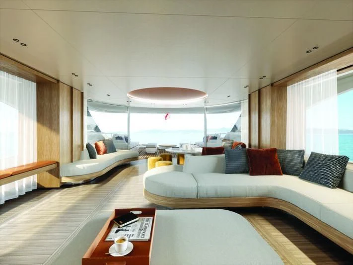 a living room with a large window aboard SEAESTA Yacht for Sale