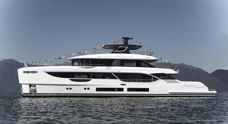 a white yacht on the water aboard SEAESTA Yacht for Sale