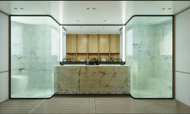 a kitchen with a large counter aboard SEAESTA Yacht for Sale