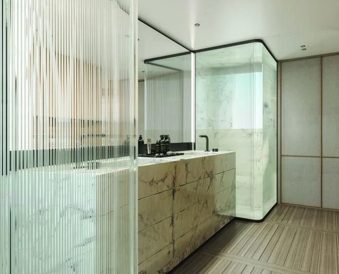 a bathroom with a shower and sink aboard SEAESTA Yacht for Sale
