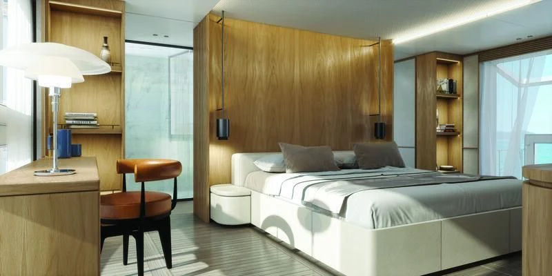 a bed in a room aboard SEAESTA Yacht for Sale
