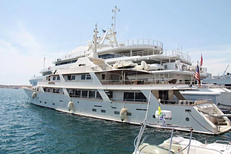 a large white boat in the water aboard WHITE KNIGHT Yacht for Sale