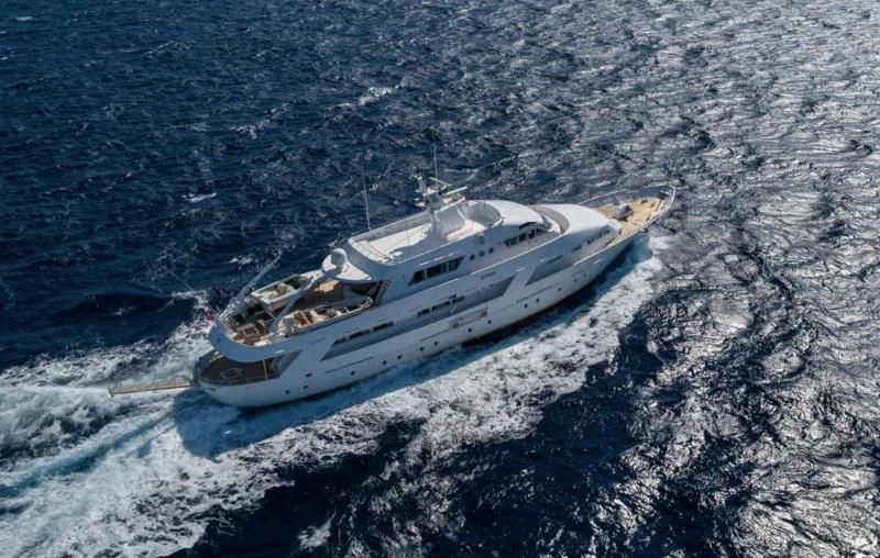 a white boat in the water aboard ATHINA Yacht for Sale