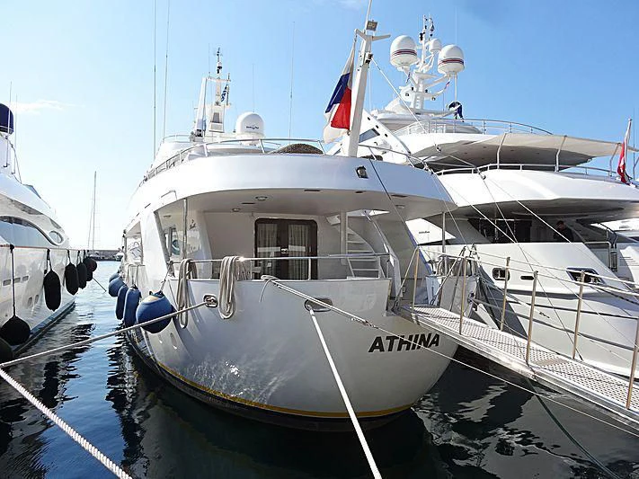 a boat docked at a pier aboard ATHINA Yacht for Sale