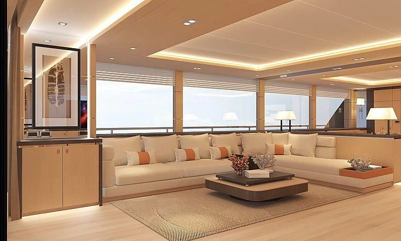 a living room with a large window aboard HEEUS Yacht for Sale