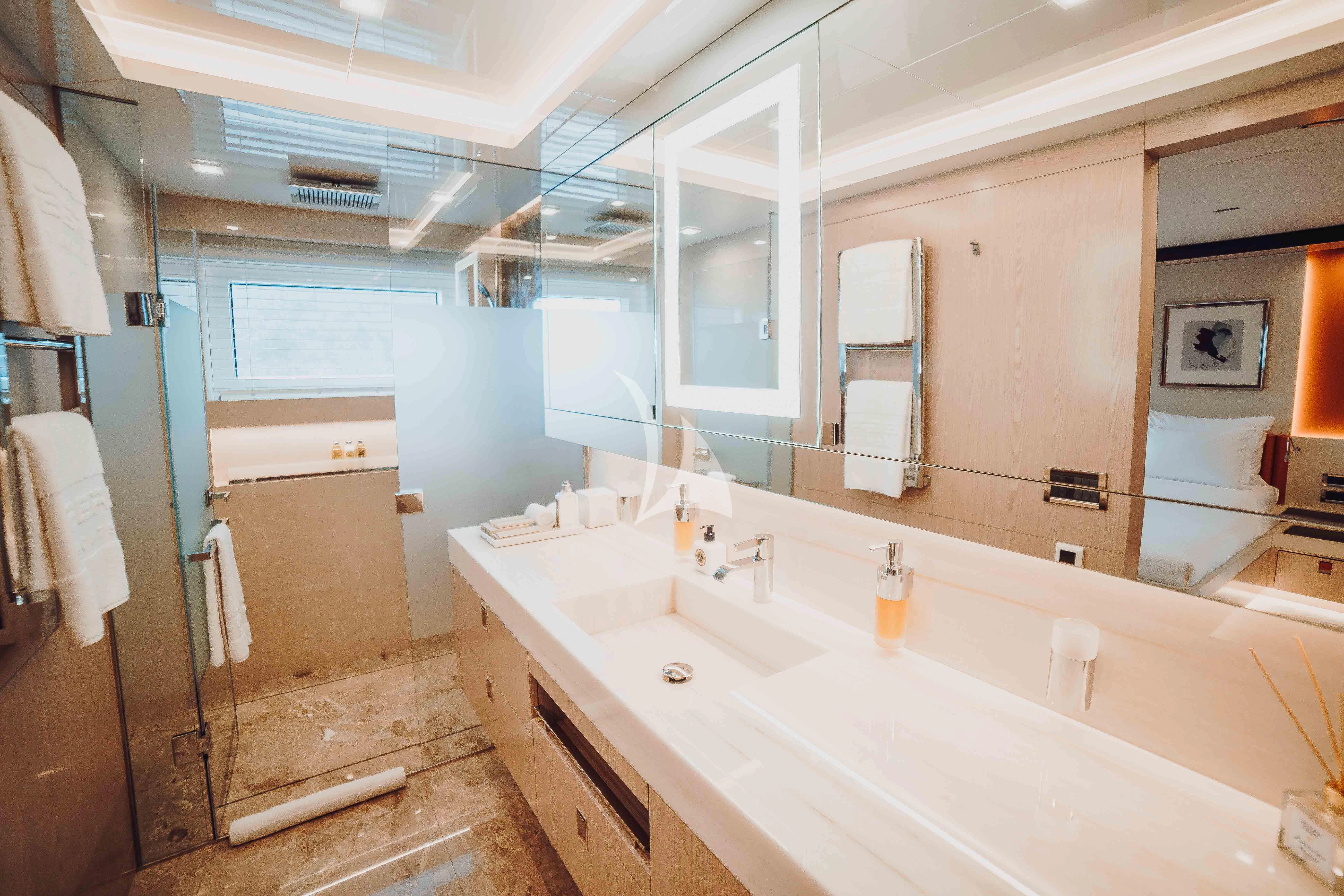 a bathroom with a large countertop aboard HEEUS Yacht for Sale