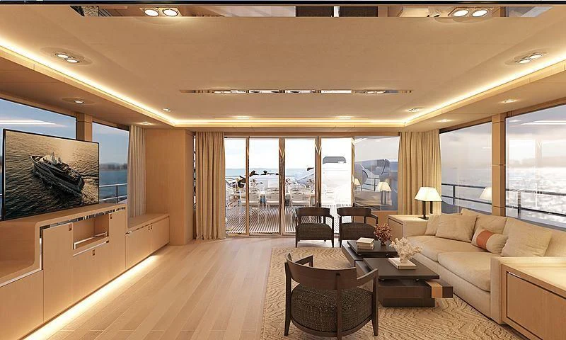 a living room with a large window aboard HEEUS Yacht for Sale