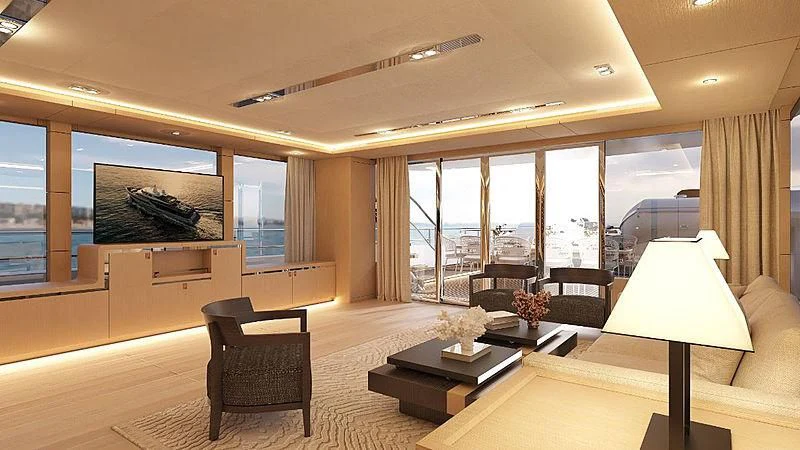 a room with a table and chairs aboard HEEUS Yacht for Sale