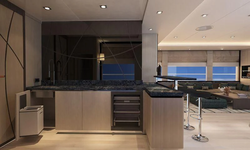 a large room with a large black counter and a large window aboard HEEUS Yacht for Sale