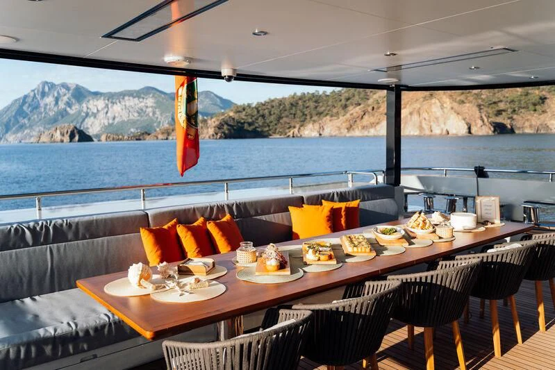 a table with food on it aboard HEEUS Yacht for Sale