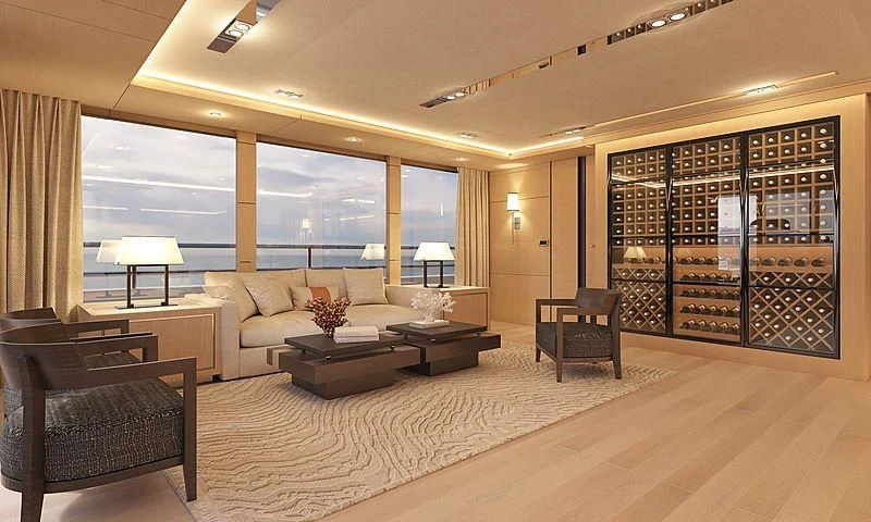 a large living room with a large glass wall aboard HEEUS Yacht for Sale