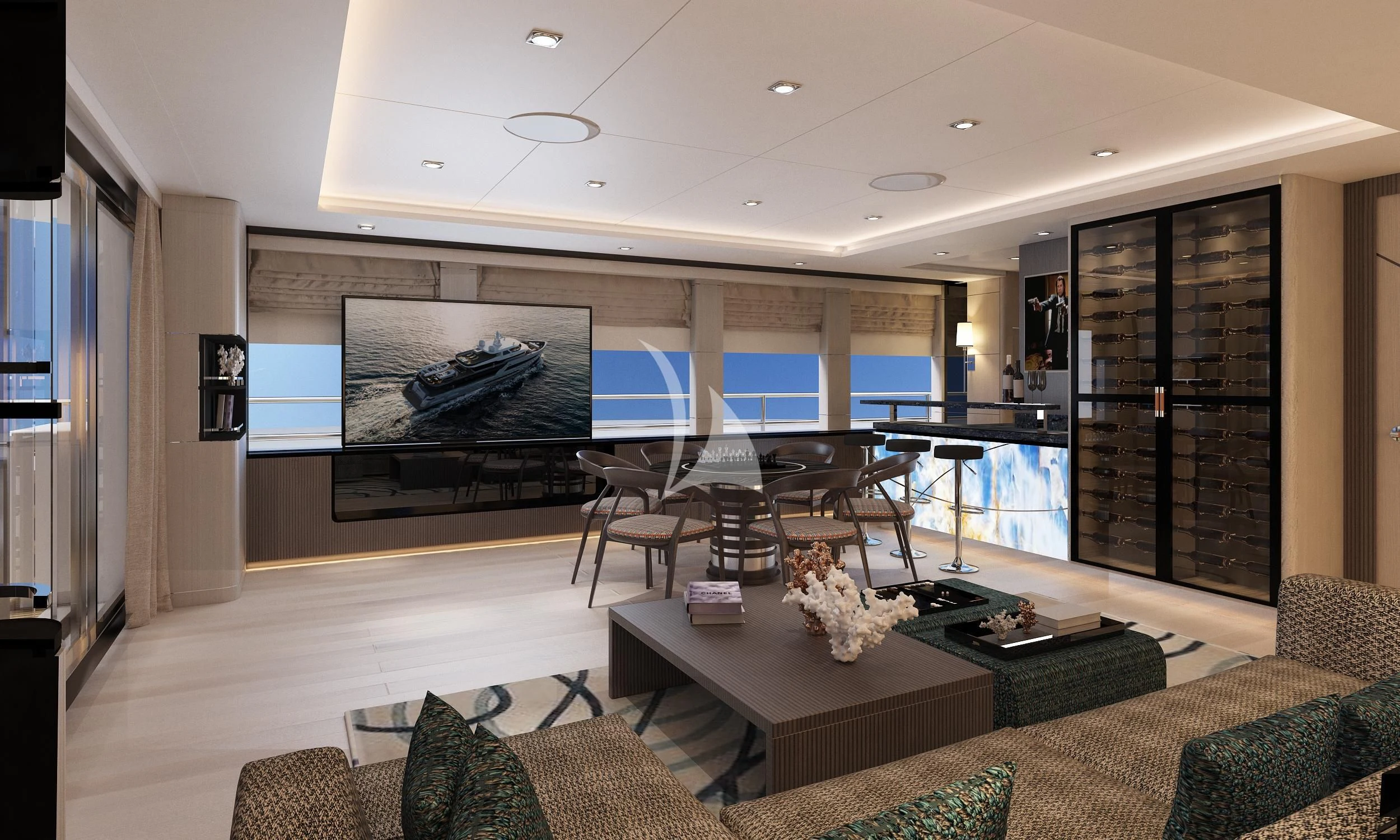a living room with a large screen aboard HEEUS Yacht for Sale