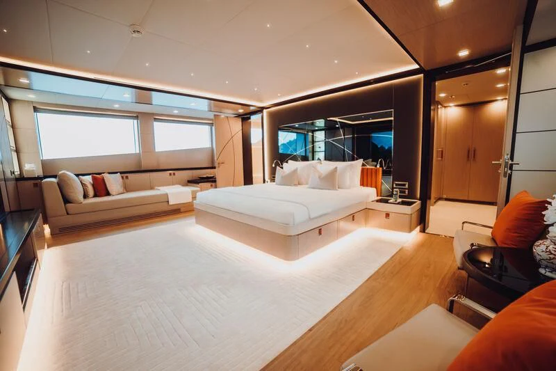 a living room with a large window aboard HEEUS Yacht for Sale