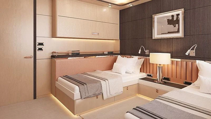 a room with two beds aboard HEEUS Yacht for Sale