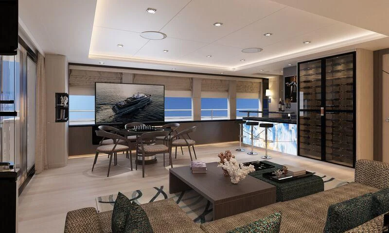 a living room with a piano and a piano aboard HEEUS Yacht for Sale