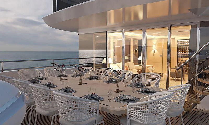 a large white table with chairs around it aboard HEEUS Yacht for Sale