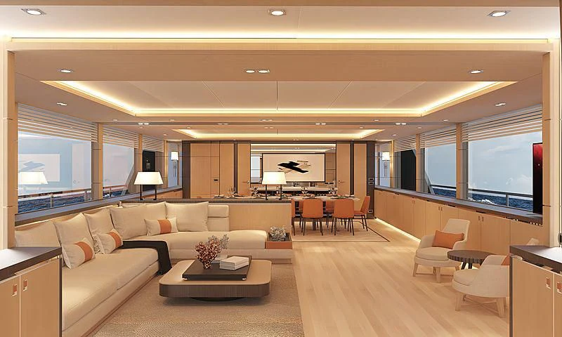 a living room with a large window aboard HEEUS Yacht for Sale