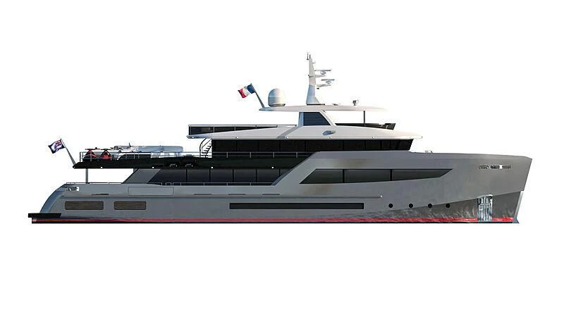 a large ship with a flag on the side aboard HEEUS Yacht for Sale