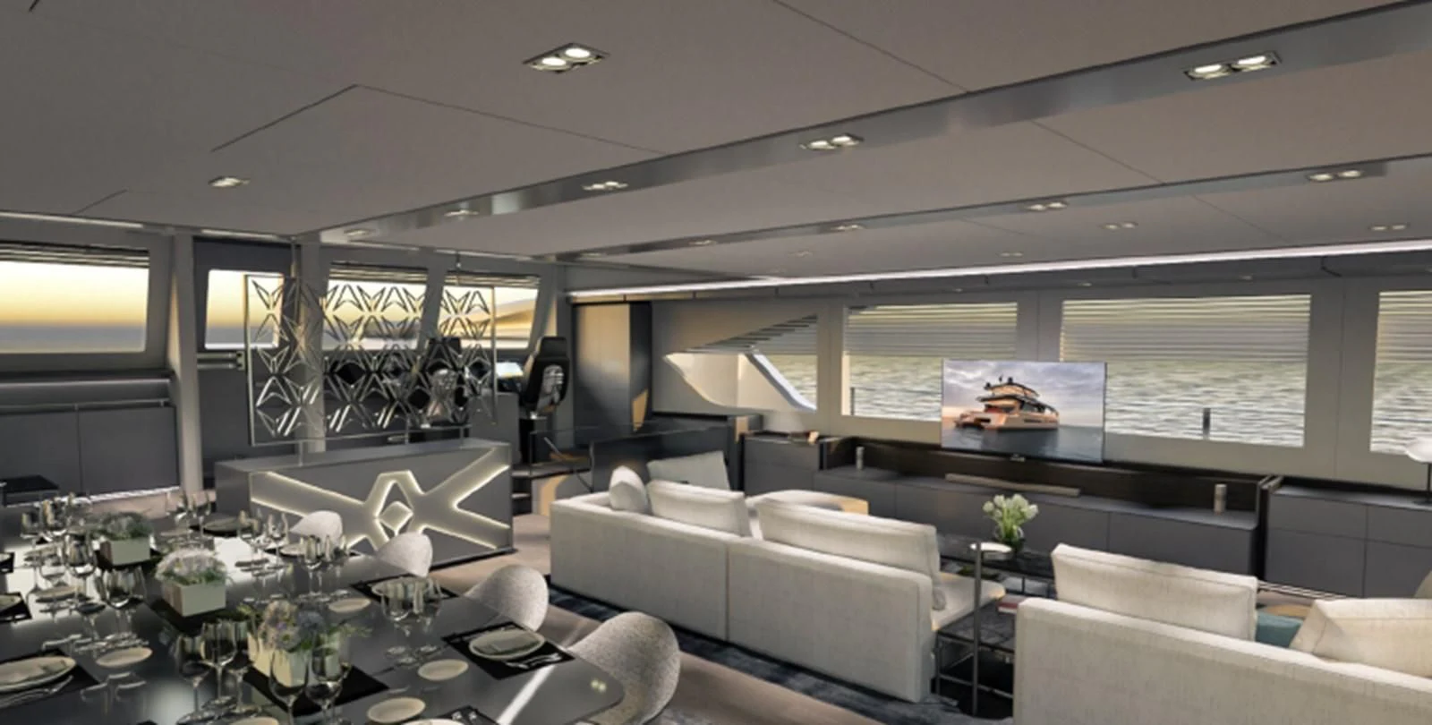 a room with couches and a table aboard 2023 ALVA YACHTS OCEAN ECO 90 #1 Yacht for Sale