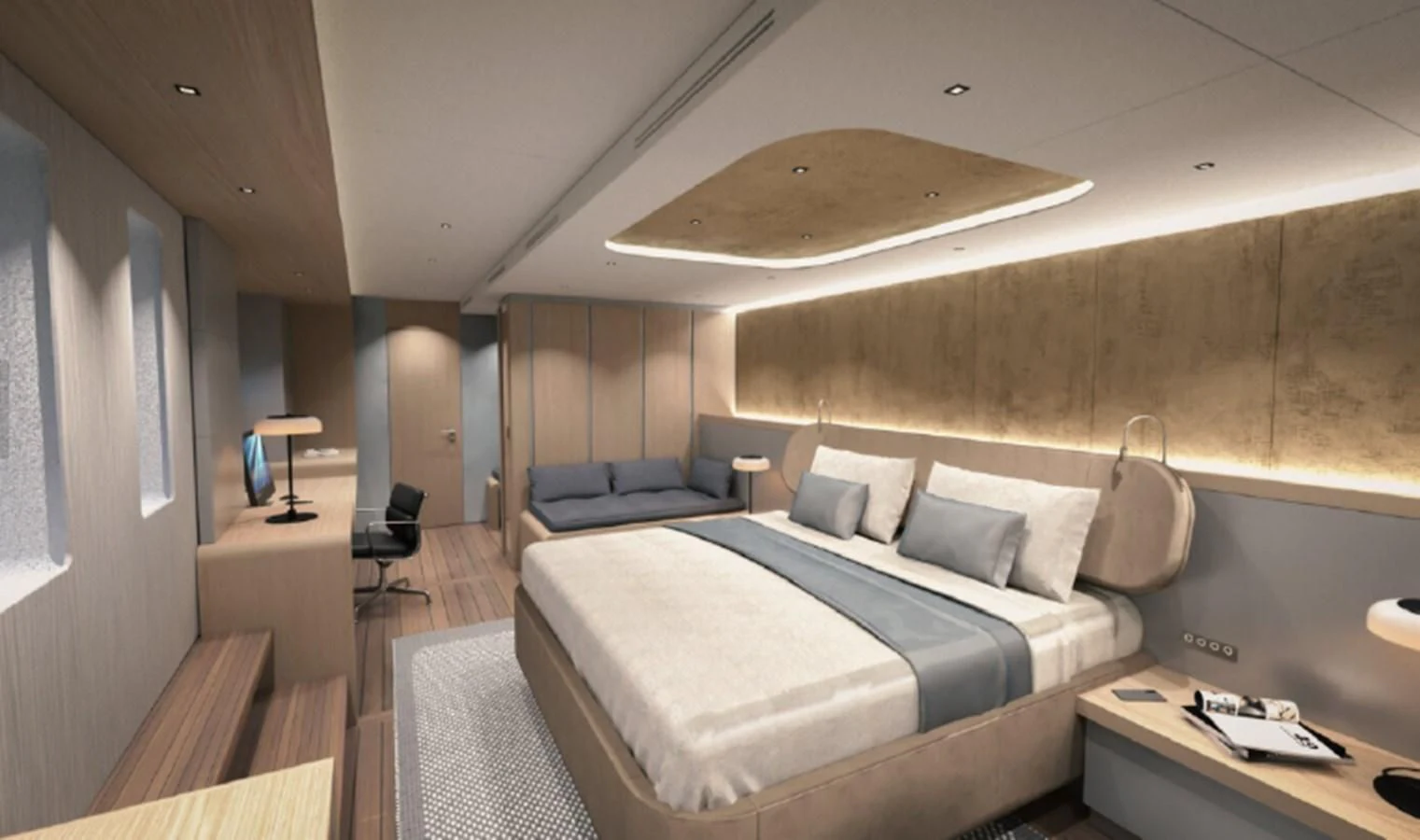 a room with a bed and a couch aboard 2023 ALVA YACHTS OCEAN ECO 90 #1 Yacht for Sale
