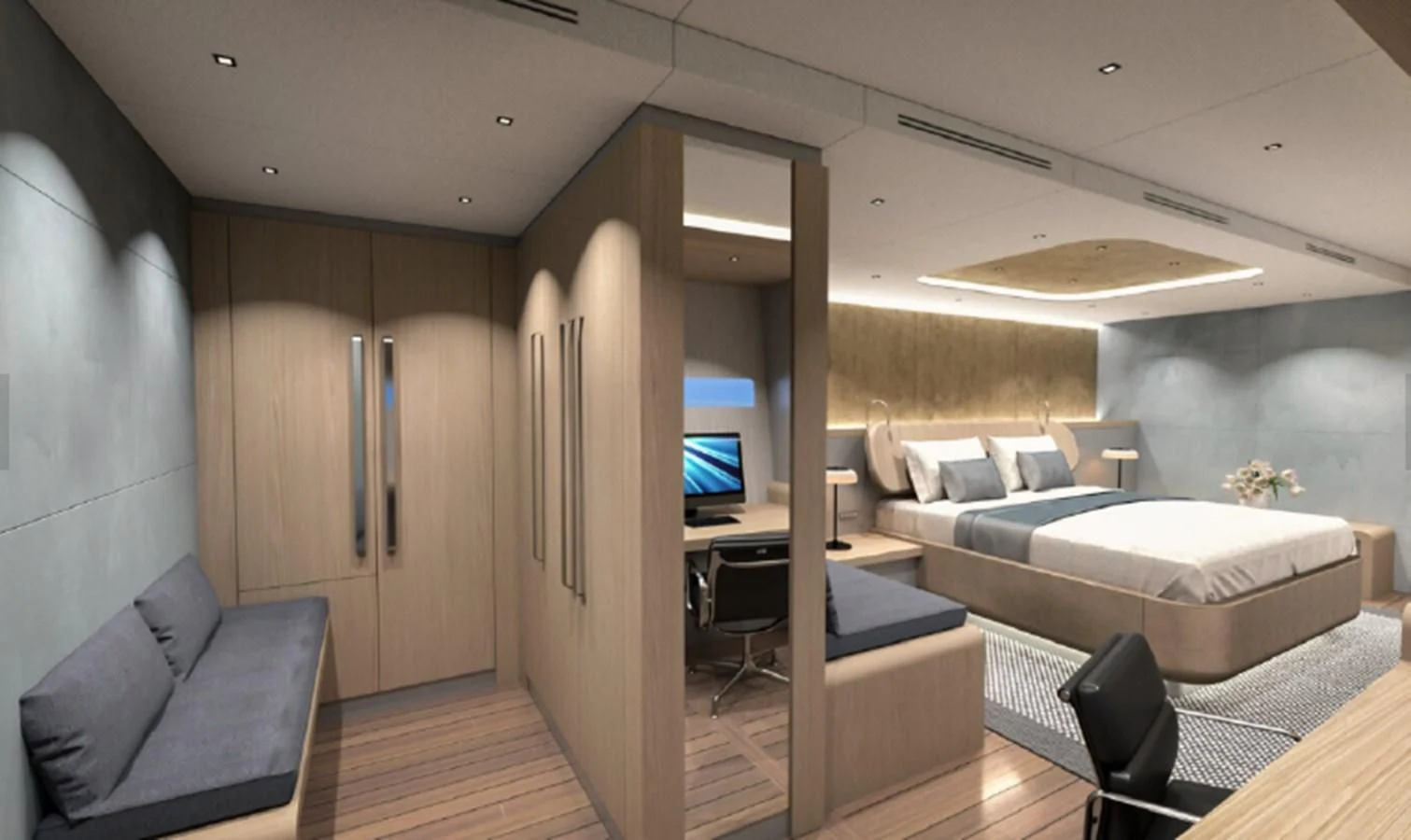a living room with a large window aboard 2023 ALVA YACHTS OCEAN ECO 90 #1 Yacht for Sale