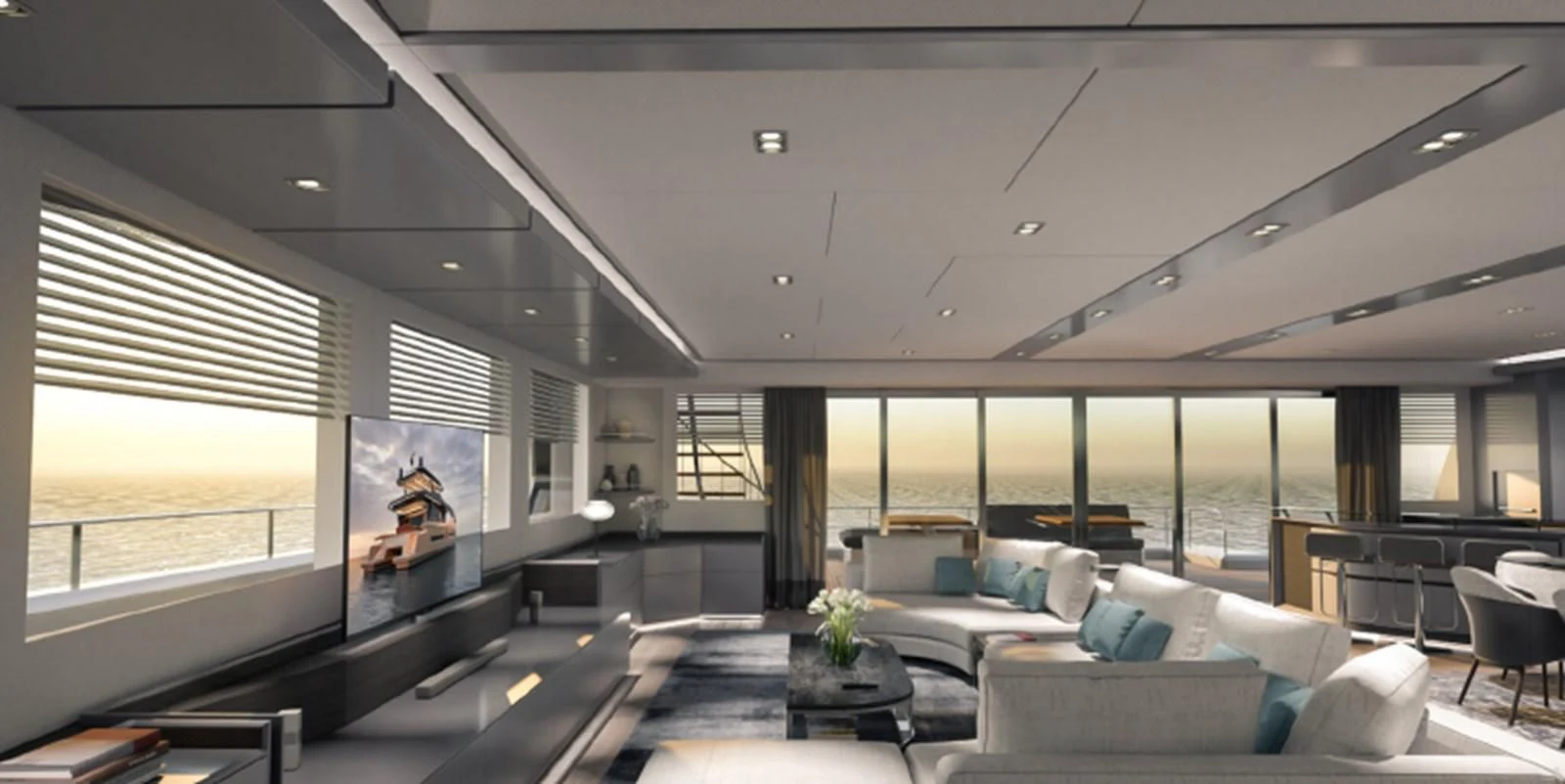 a room with a couch and a table and a tv aboard 2023 ALVA YACHTS OCEAN ECO 90 #1 Yacht for Sale