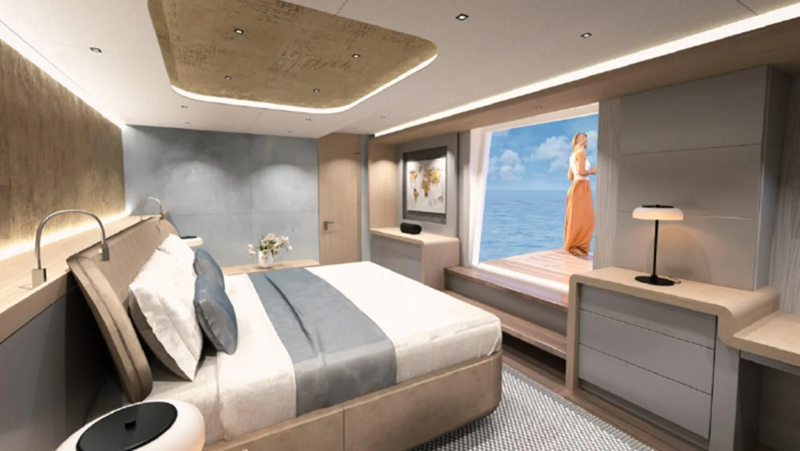 a room with a bed and a large window aboard 2023 ALVA YACHTS OCEAN ECO 90 #1 Yacht for Sale