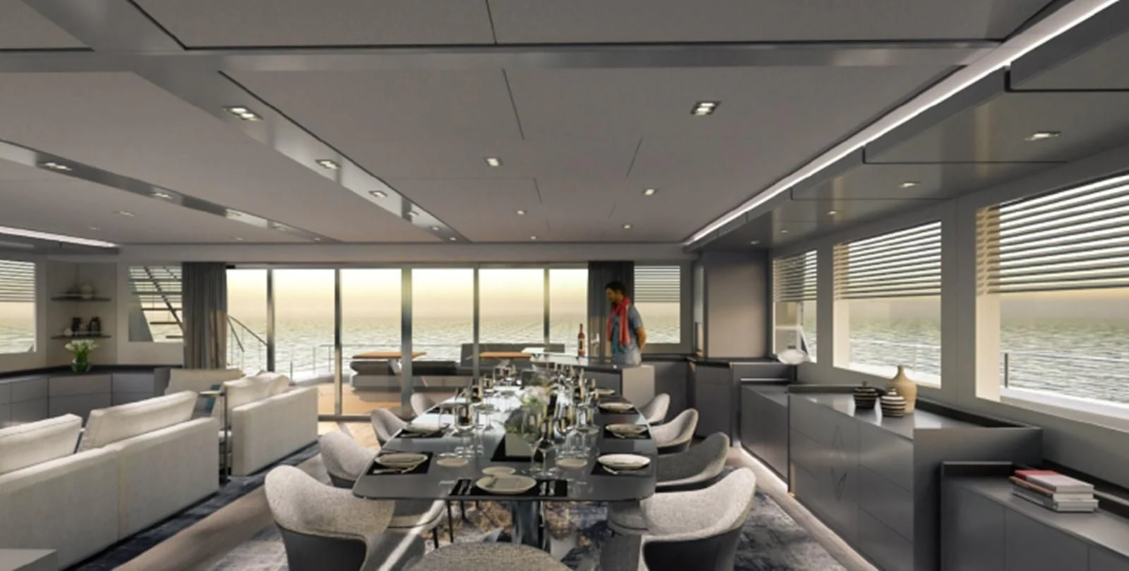 a room with a table chairs and a large window aboard 2023 ALVA YACHTS OCEAN ECO 90 #1 Yacht for Sale