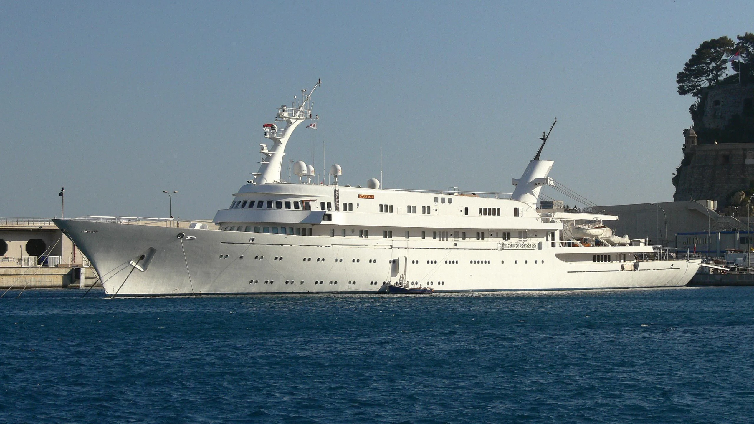 a large white ship aboard ATLANTIS II Yacht for Sale