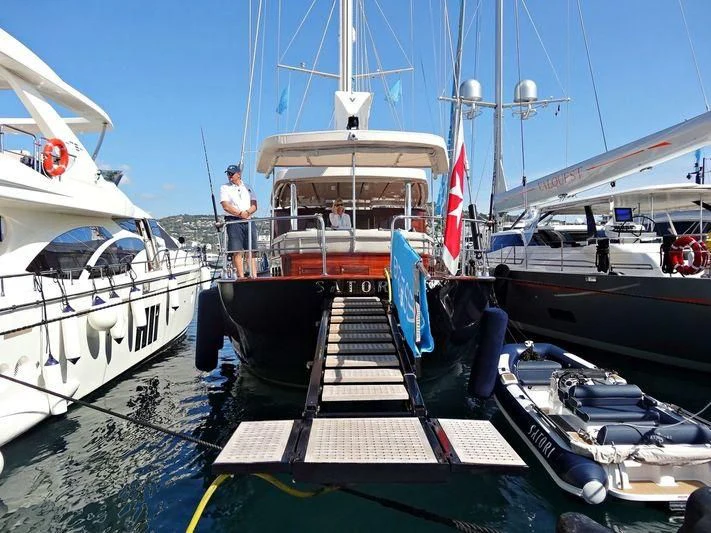 a boat is parked in the dock aboard SATORI Yacht for Charter