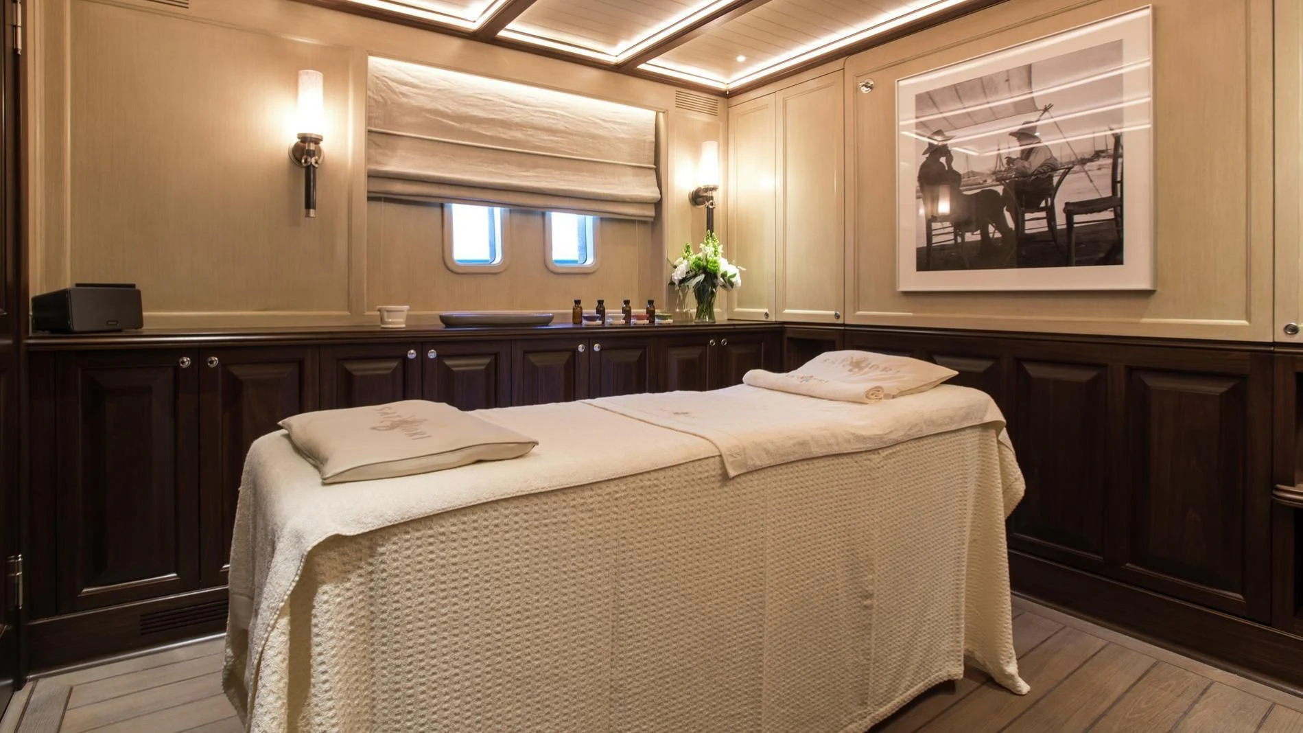 a bed in a room aboard SATORI Yacht for Charter