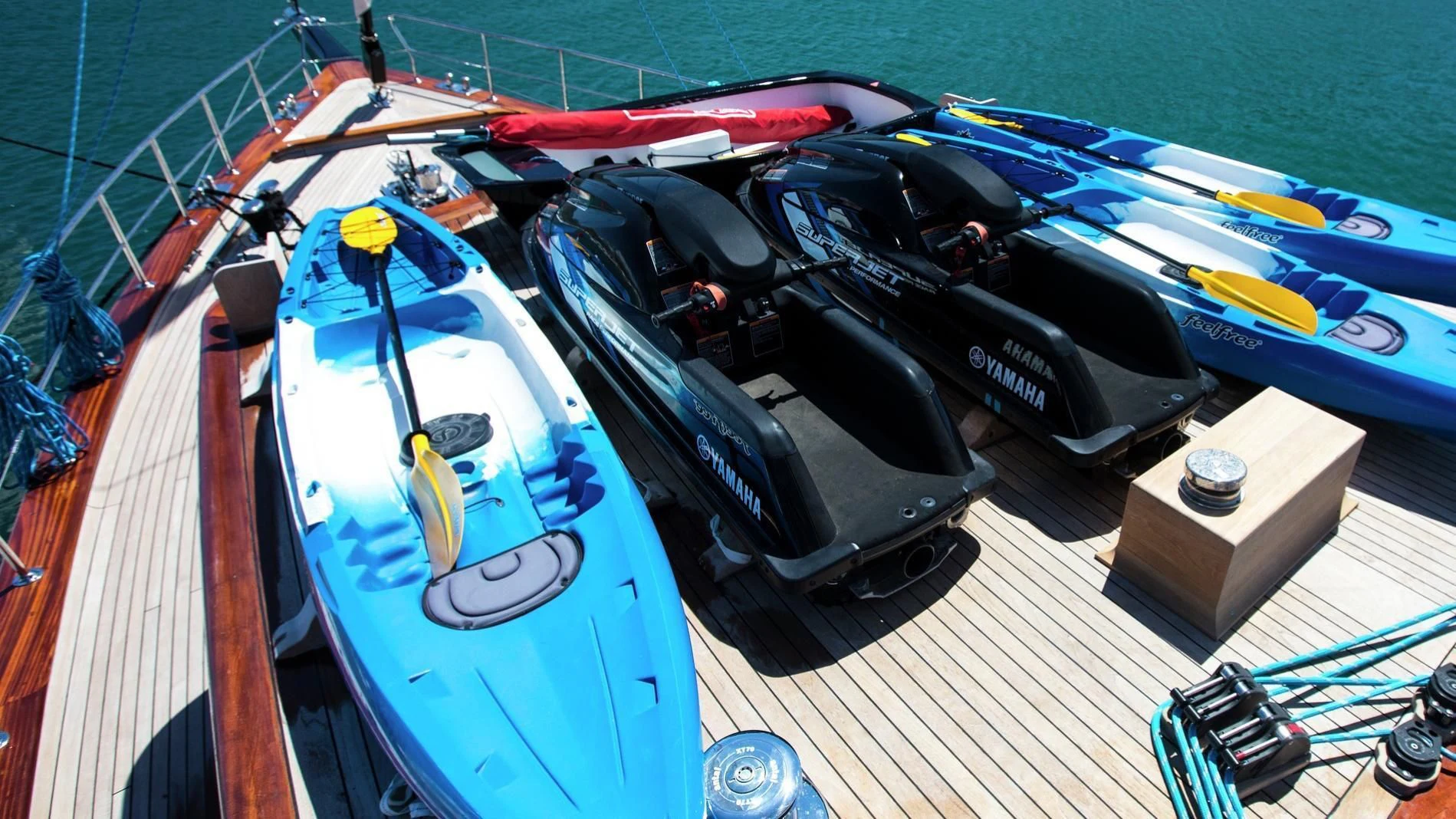 a boat with a black and red boat on it aboard SATORI Yacht for Charter