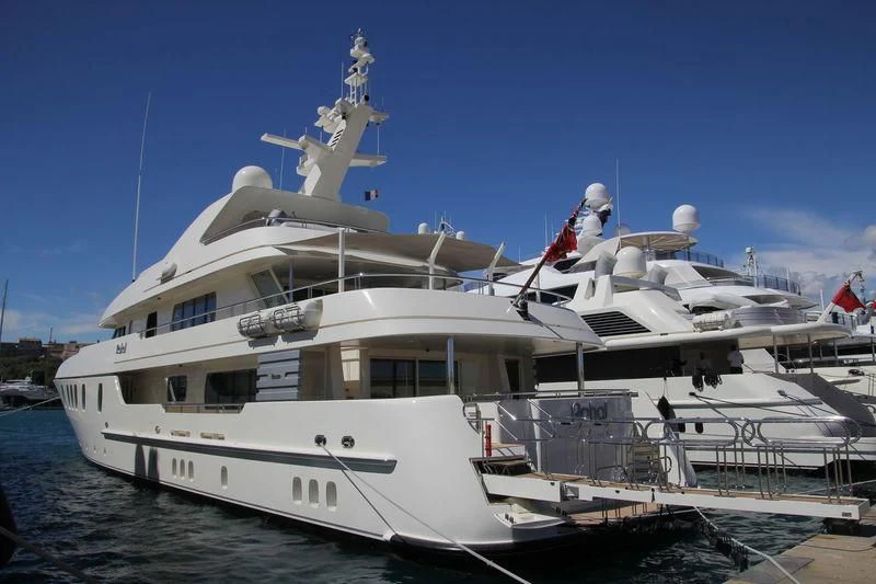 a large white boat aboard RAHAL Yacht for Sale