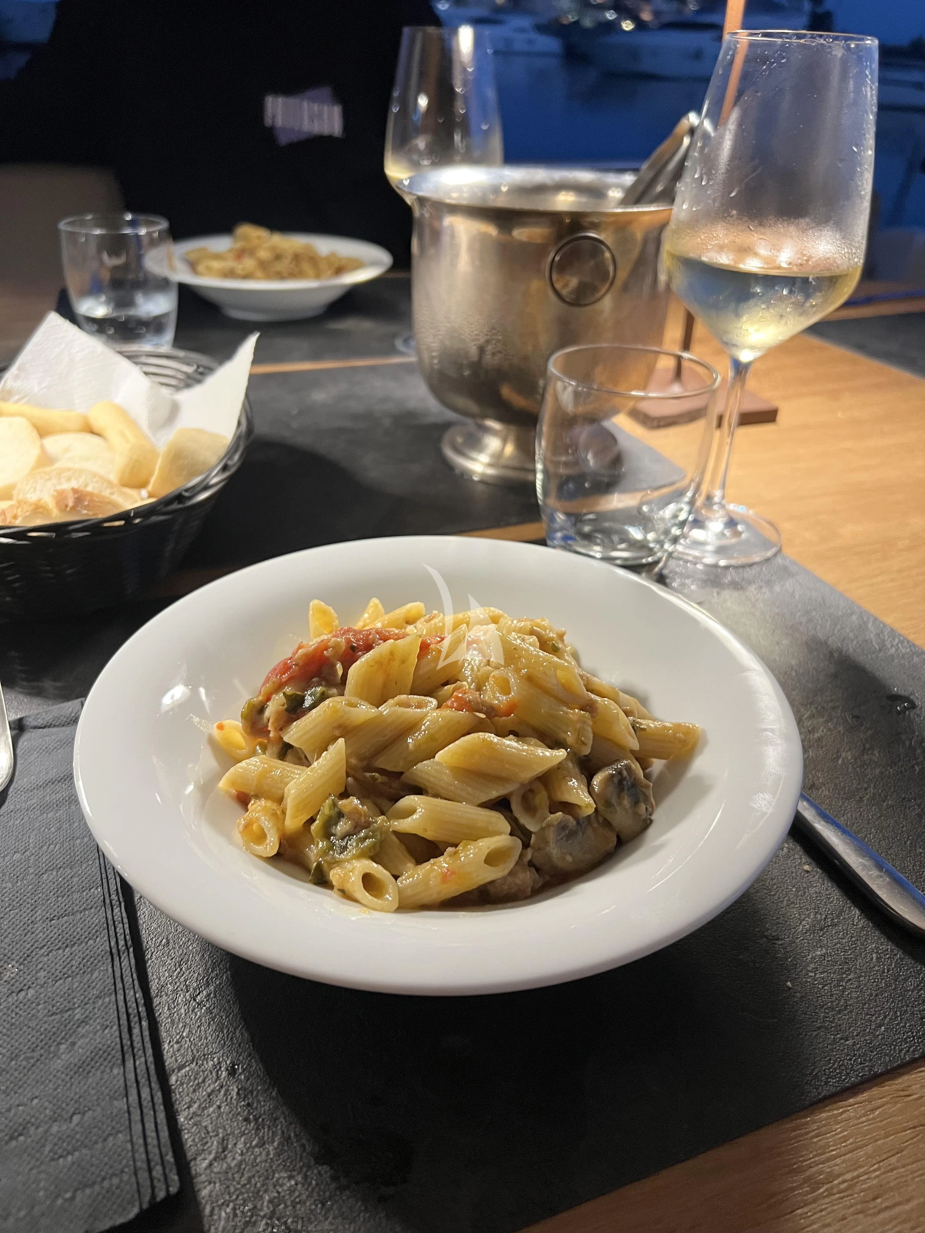 a plate of pasta aboard MAGIC SIX Yacht for Sale