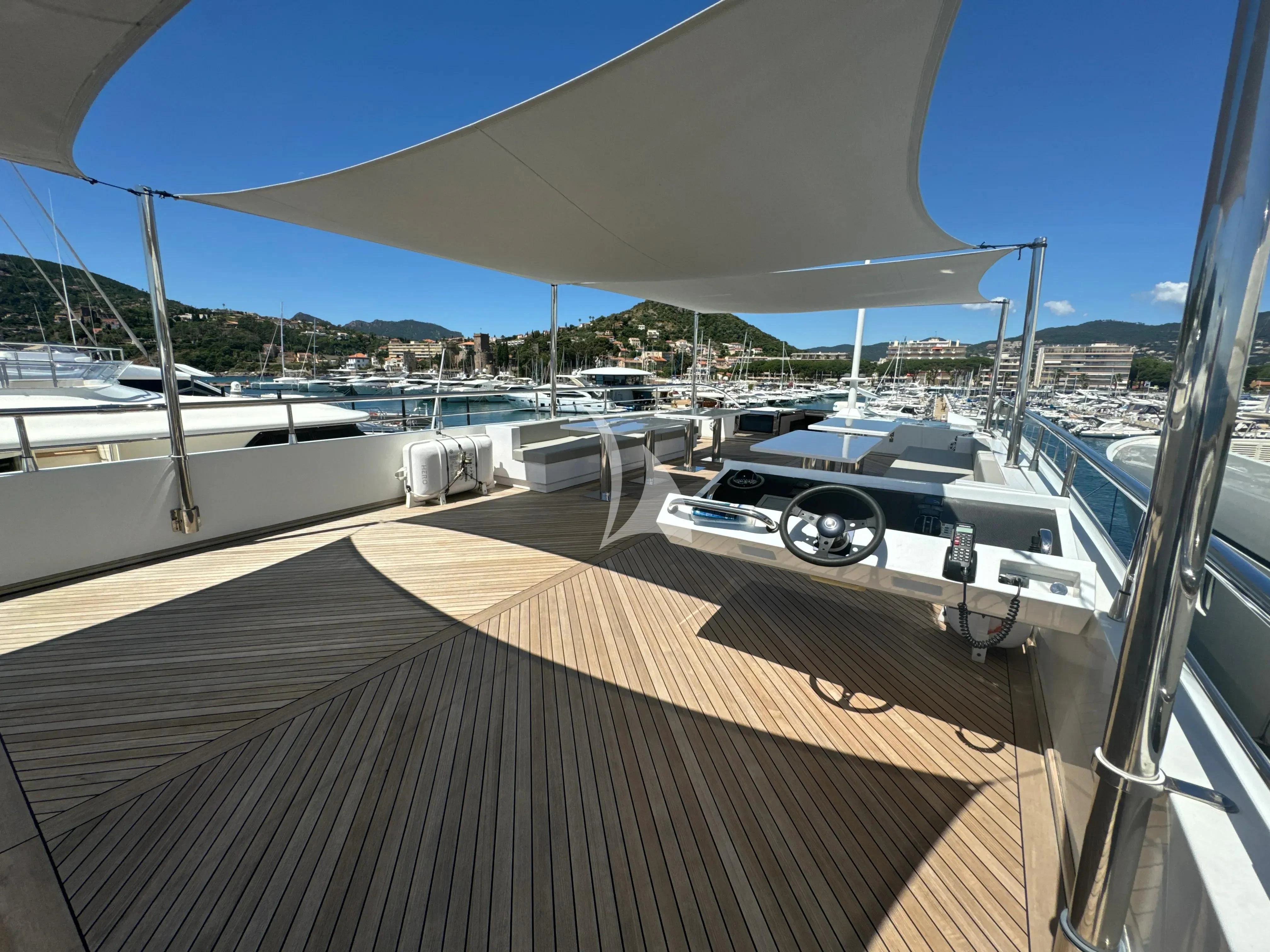 a deck with a boat and a boat on it aboard FAST & FURIOUS Yacht for Charter