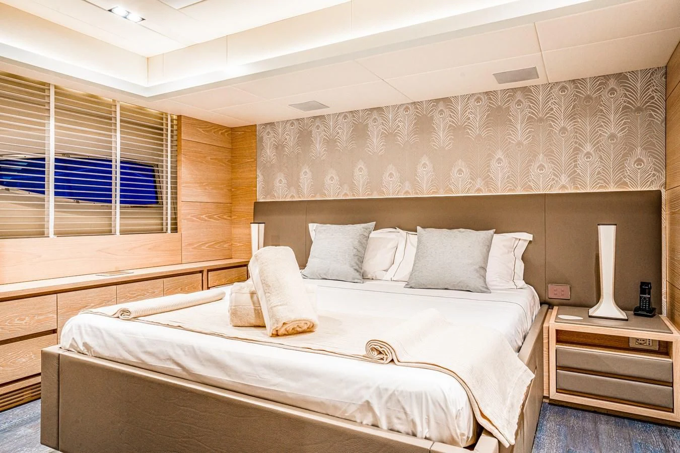 a room with two beds aboard FAST & FURIOUS Yacht for Charter