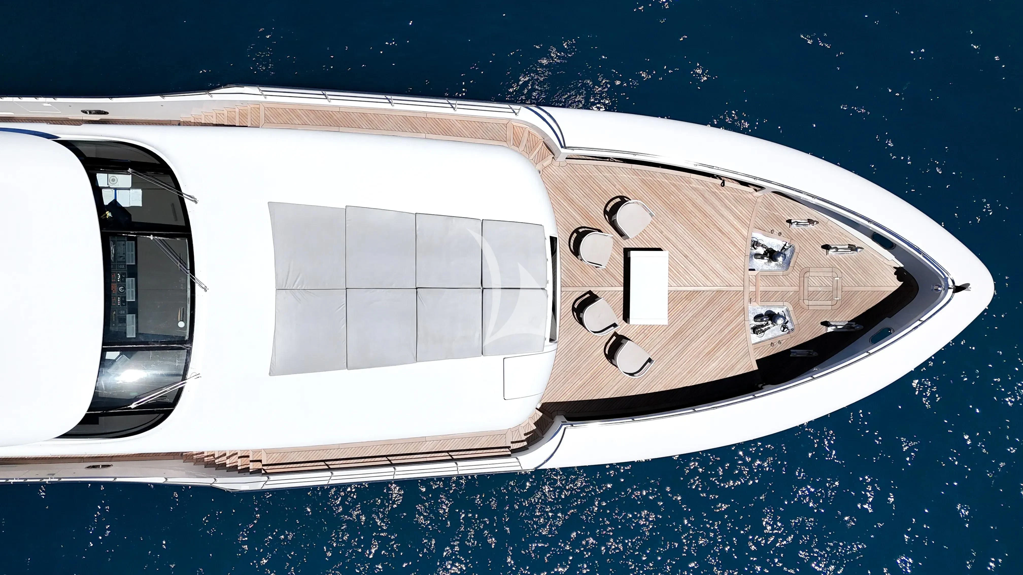 a white boat on water aboard FAST & FURIOUS Yacht for Charter