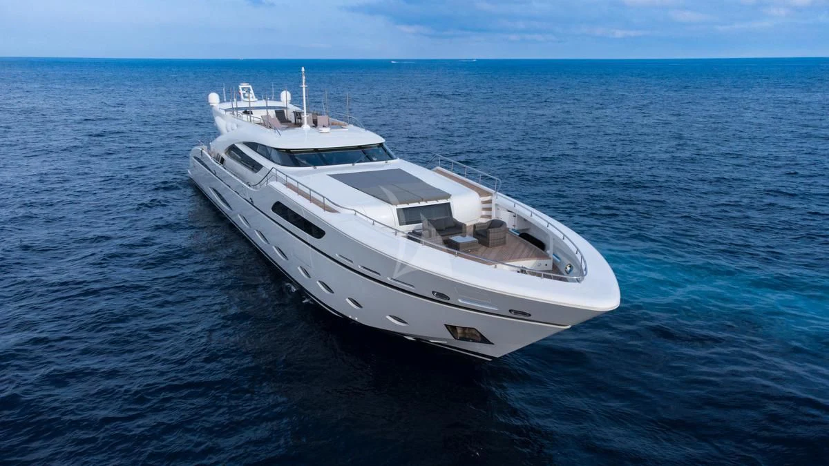 a white yacht in the water aboard FAST & FURIOUS Yacht for Charter