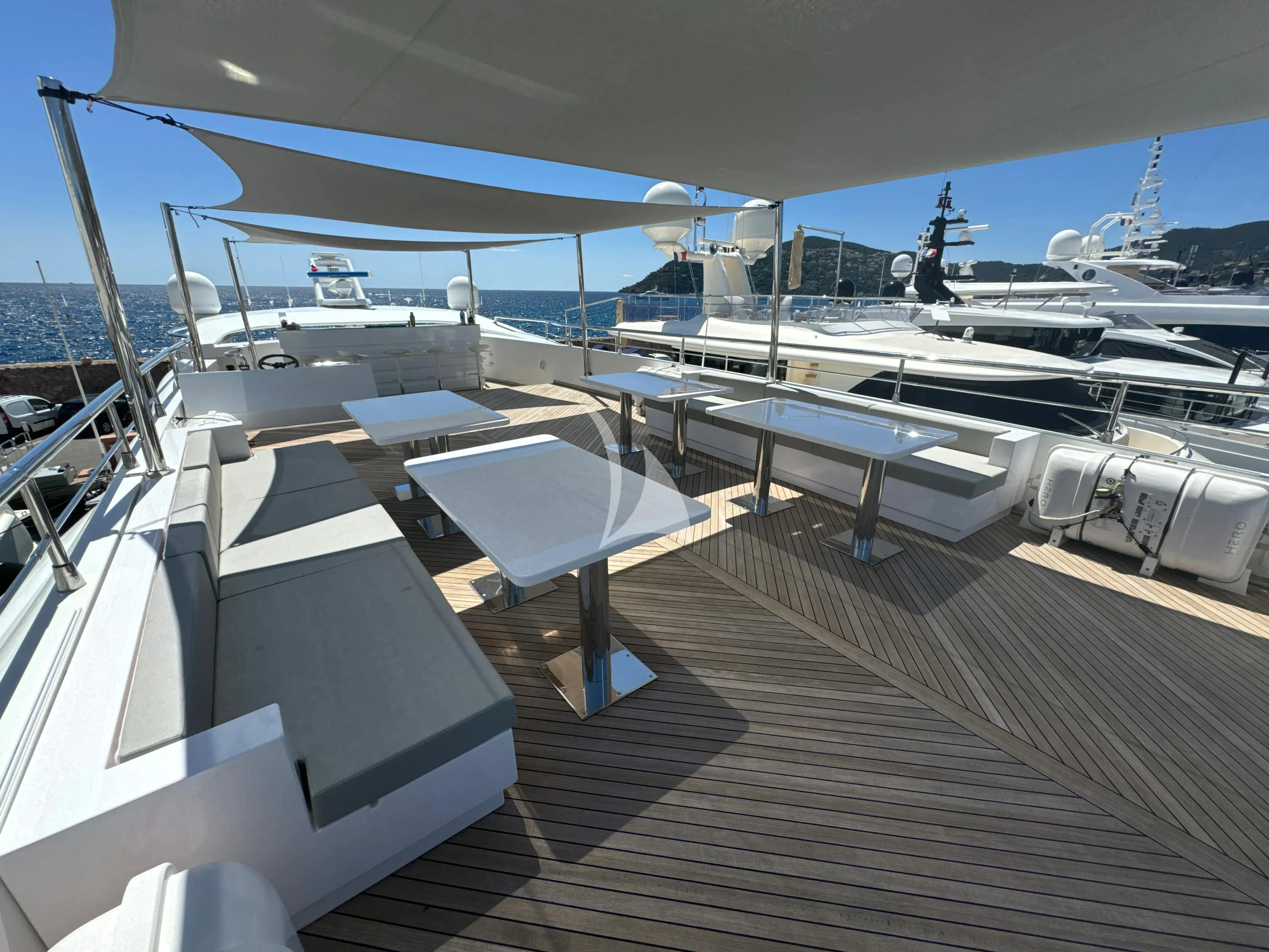 a deck with a deck and a boat on it aboard FAST & FURIOUS Yacht for Charter