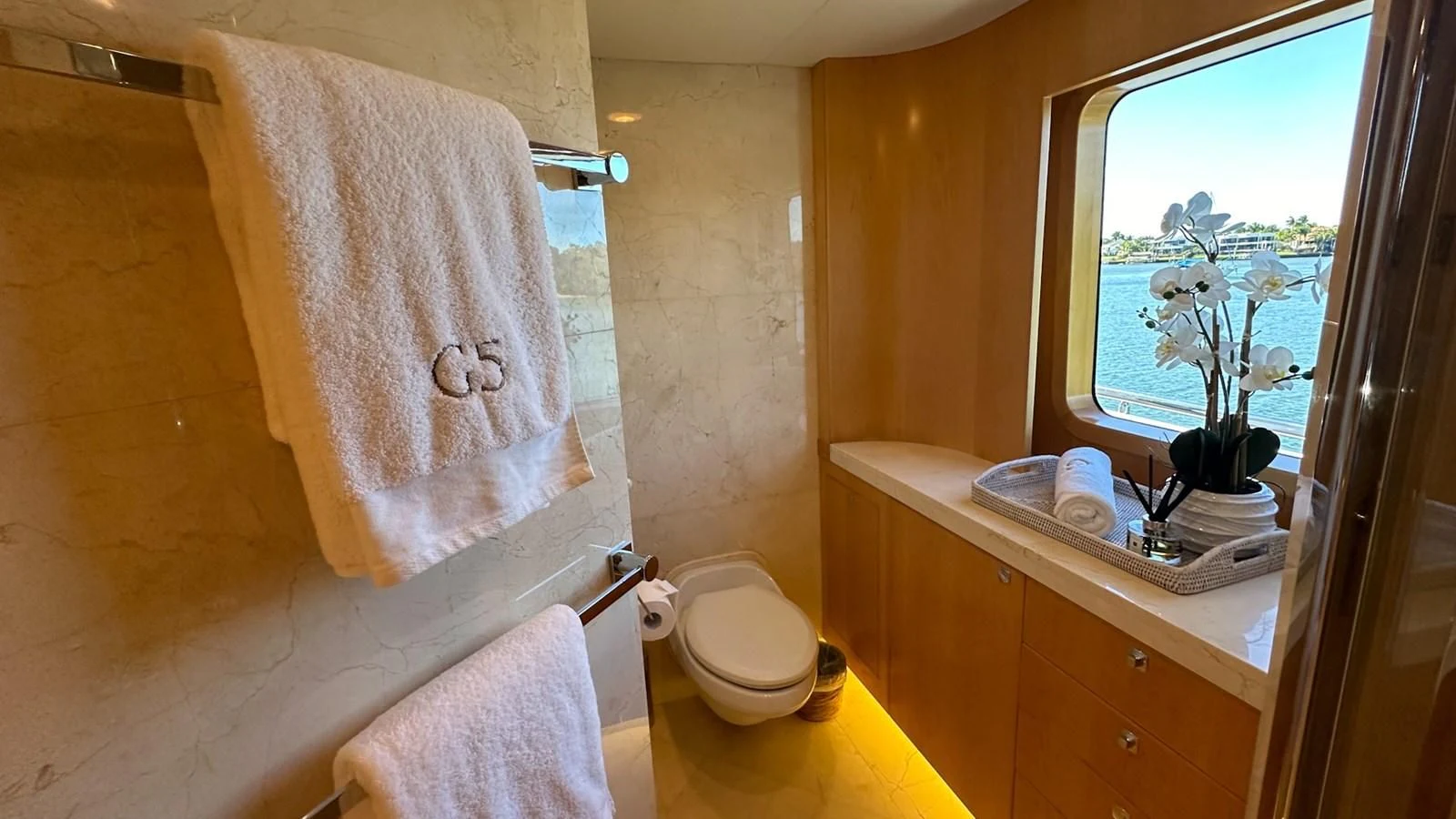 a bathroom with a towel on the wall aboard SALVATORE II Yacht for Sale