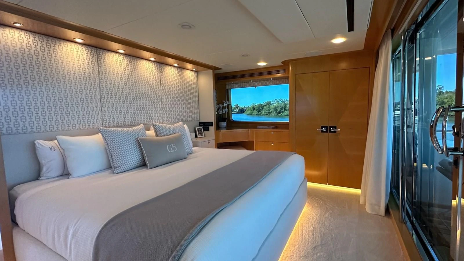 a large bed in a room aboard SALVATORE II Yacht for Sale