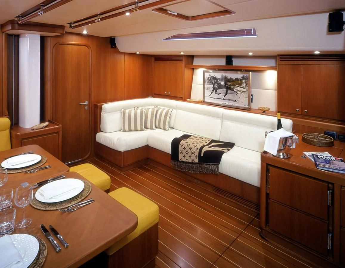 a bed and a table in a room aboard ARIA Yacht for Charter