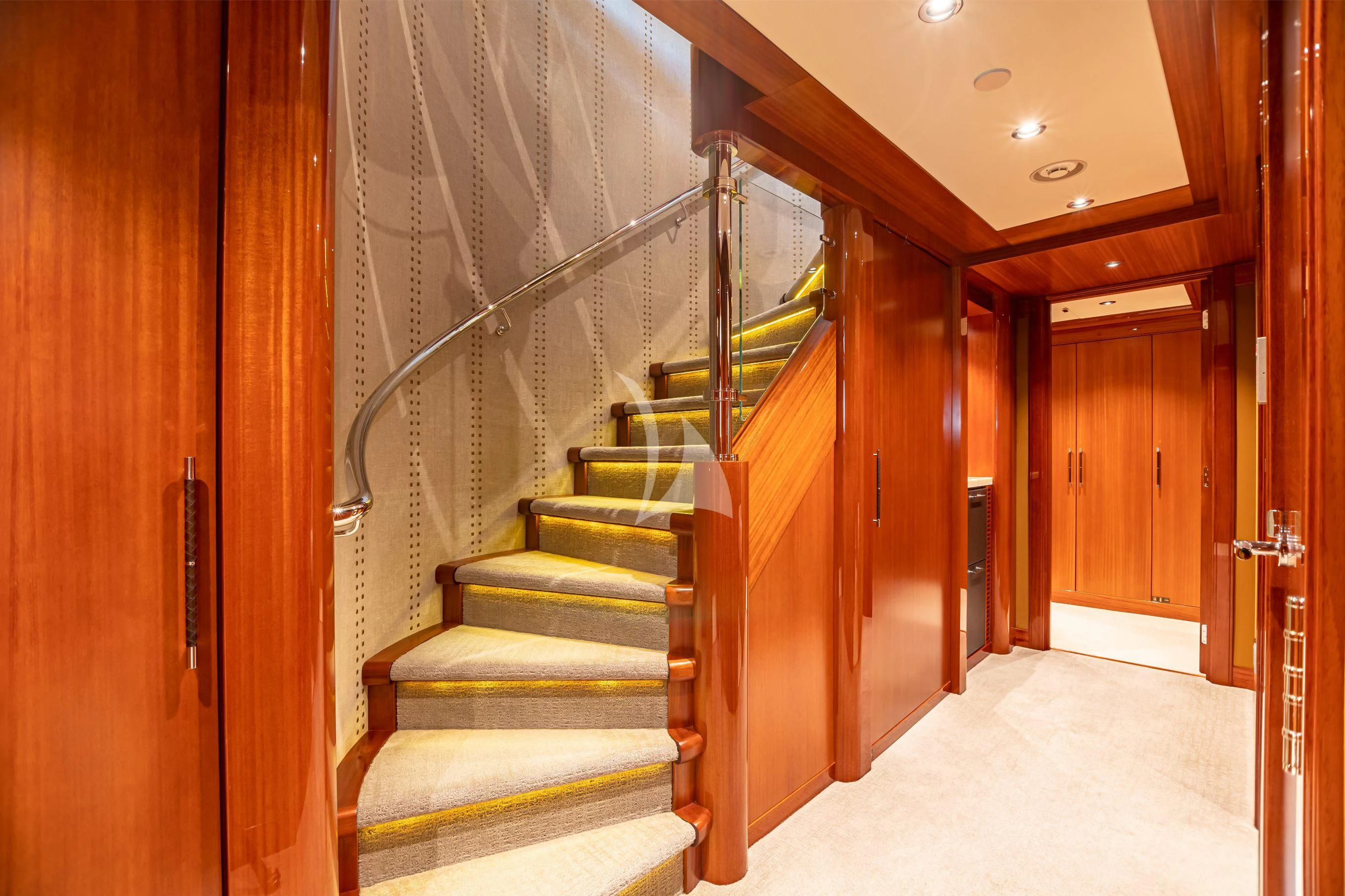 a staircase in a building aboard NEENAH Yacht for Charter