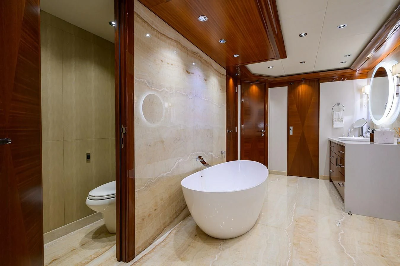a bathroom with a large tub aboard NEENAH Yacht for Charter