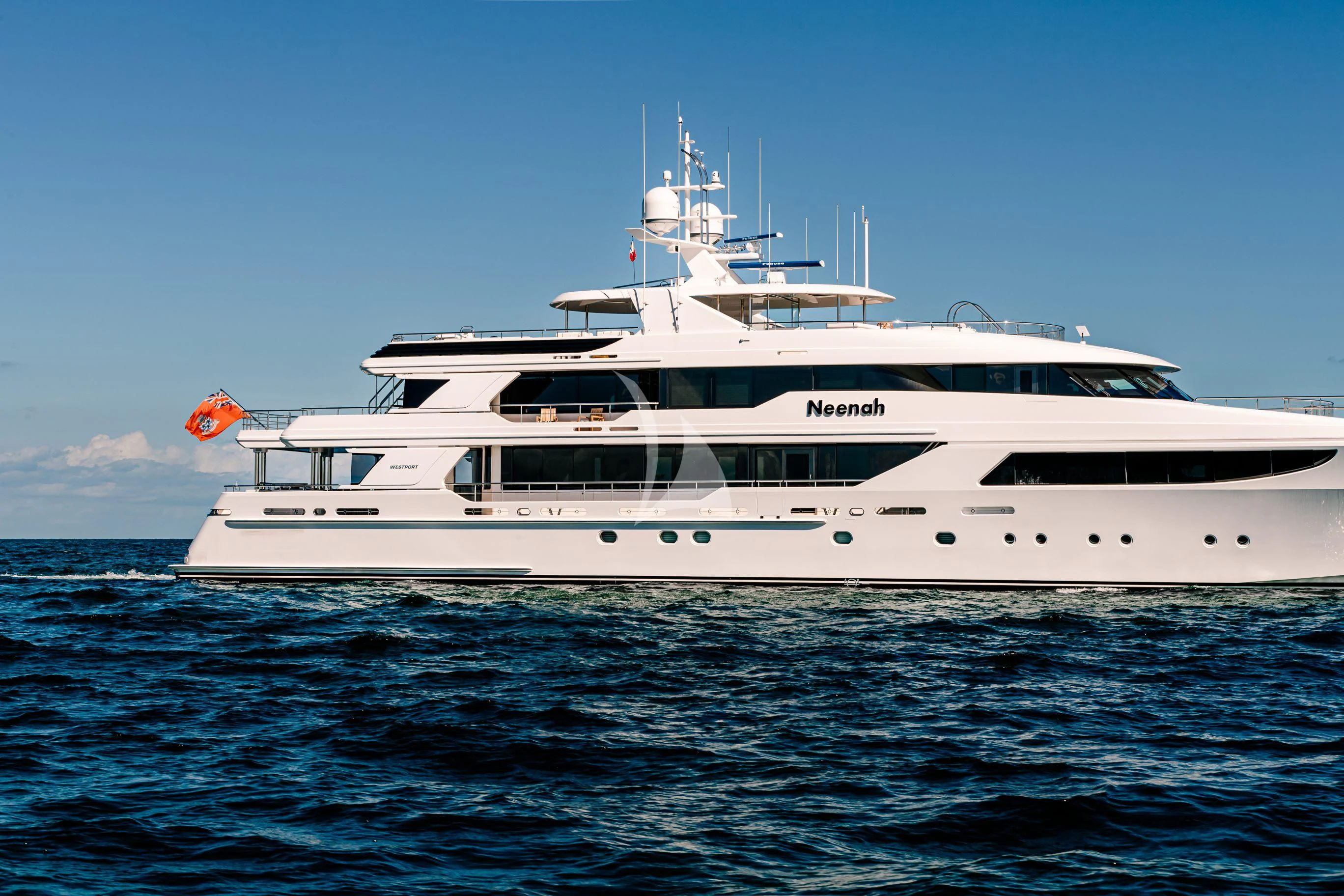 a white yacht in the water aboard NEENAH Yacht for Charter