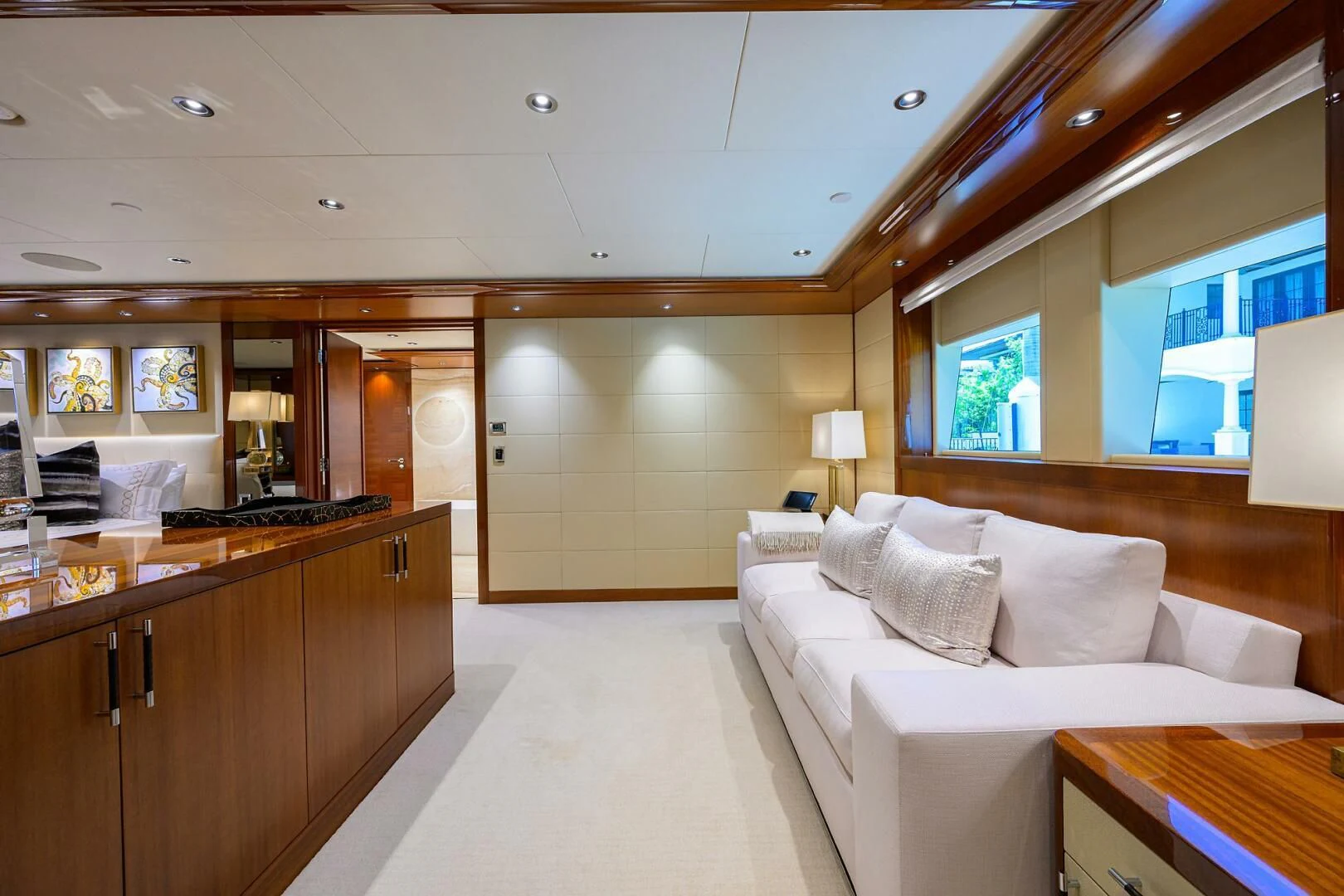 a room with a bed and a desk aboard NEENAH Yacht for Charter