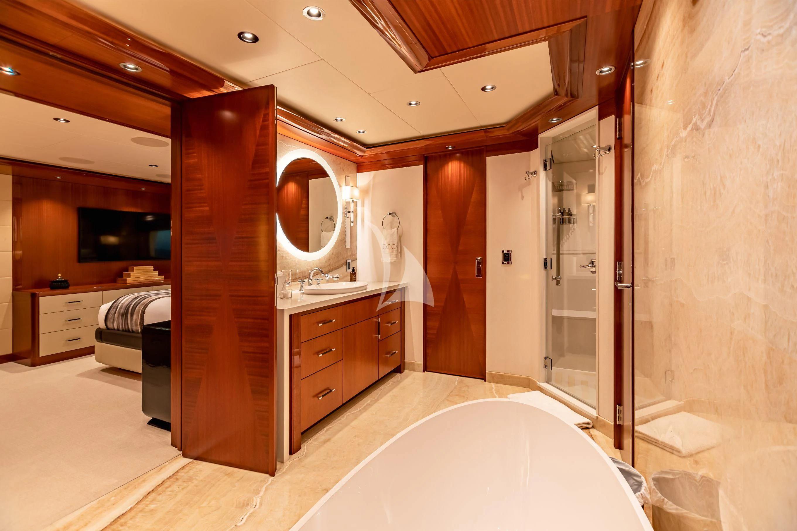 a bathroom with a large tub aboard NEENAH Yacht for Charter