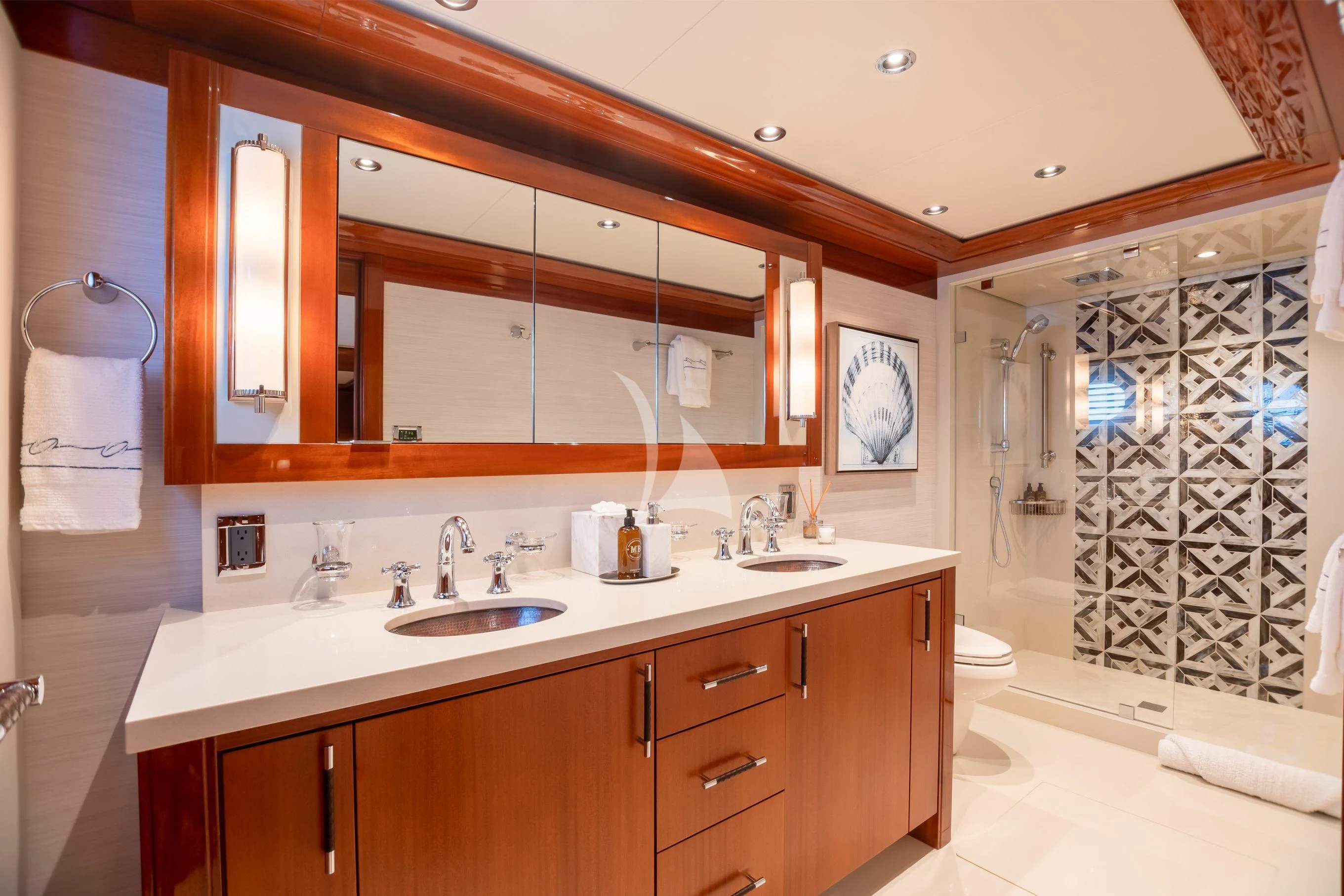 a bathroom with a shower and sink aboard NEENAH Yacht for Charter
